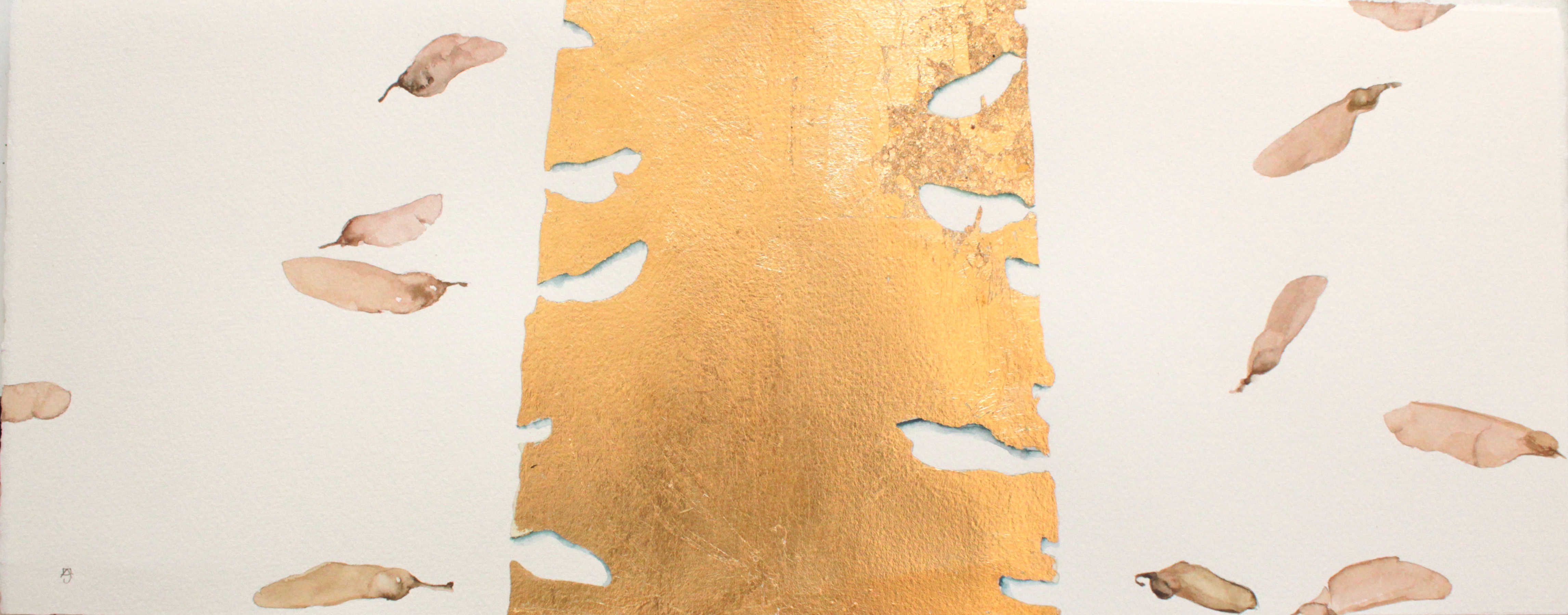 Jose Luis Albelda, Matrices y semillas-1, 2021, Acuarela y pan de oro sobre papel, 20,5 x 52 cm, 800 €